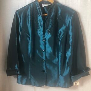 Womens Another Thyme Blouse Sz Large Long sleeve Teal‎ with Rhinestone